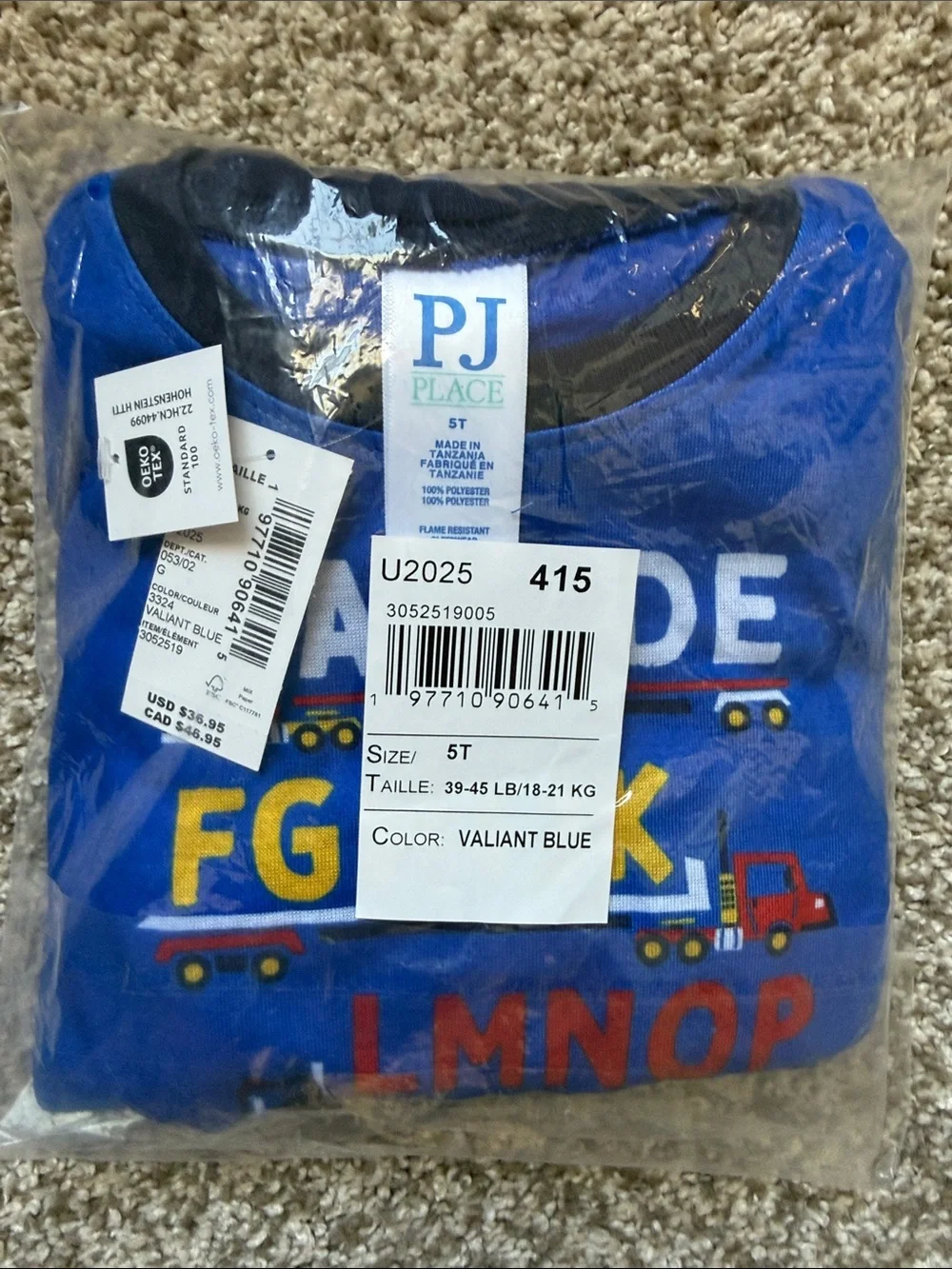 PJ PLACE 🚒🛻VALIANT BLUE ALPHABET TRUCK 3-PIECE PAJAMA SET🛻🚒 SIZE 5T 🌟NWT🌟